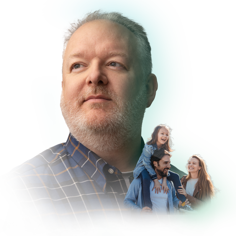 Member of Home Office staff with image of a family superimposed