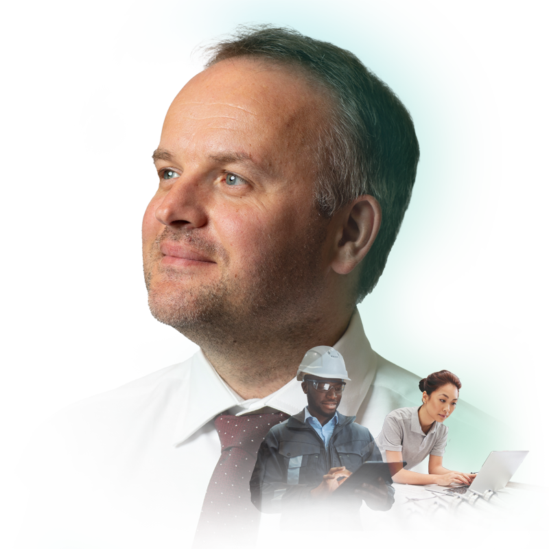 Member of Home Office staff with image of skilled workers superimposed